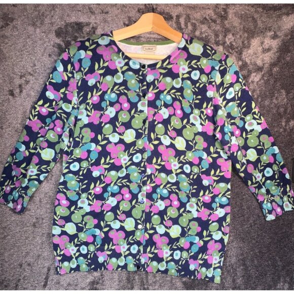 LL Bean Blue Green Purple Button Up Cardigan Sweater Large - Picture 1 of 4